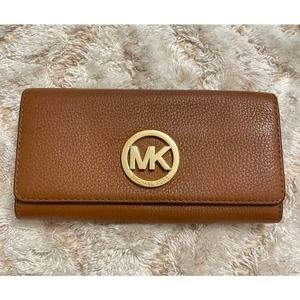 Michael Kors - MK Brown Leather / Gold Button Snap Wallet / Clutch